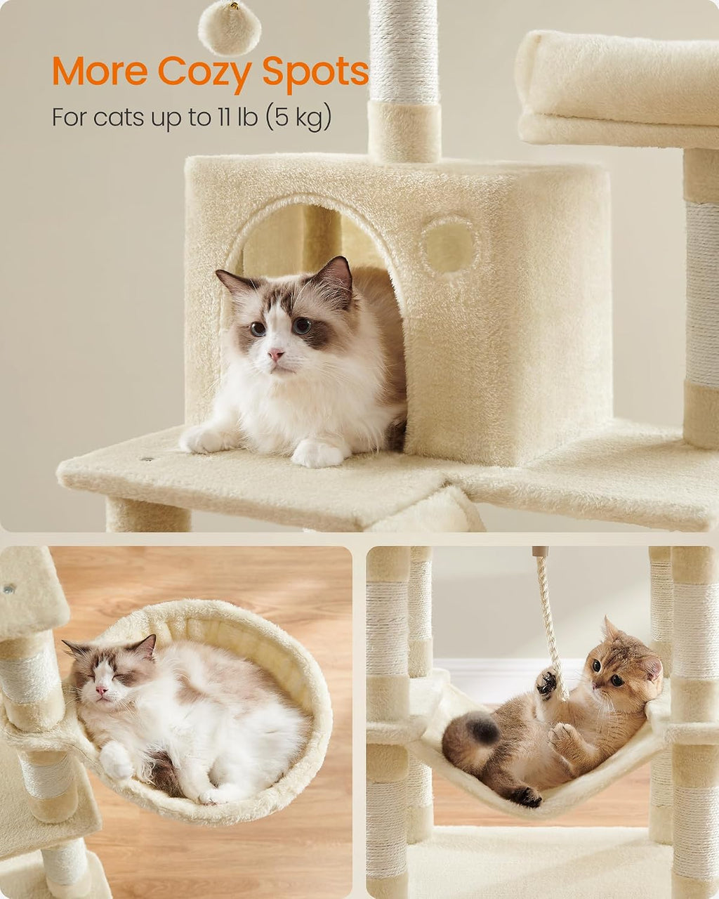 Feandrea Cat Tree, 66.1-Inch Large Cat Tower, Multi-Level Condo, Beige