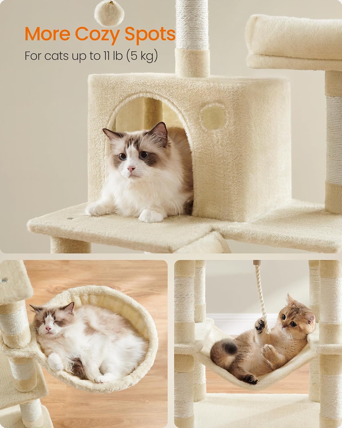 Feandrea Cat Tree, 66.1-Inch Large Cat Tower, Multi-Level Condo, Beige
