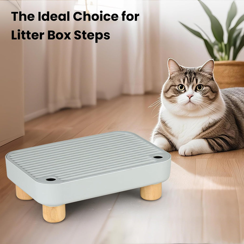 Litter Box Step, Litter Box Ramp/Catcher with Wooden Base, Anti-Tracking & Easy to Clean, Ideal for Small & Elderly Cats 11.8"x7.9"x3.6" (Gray)