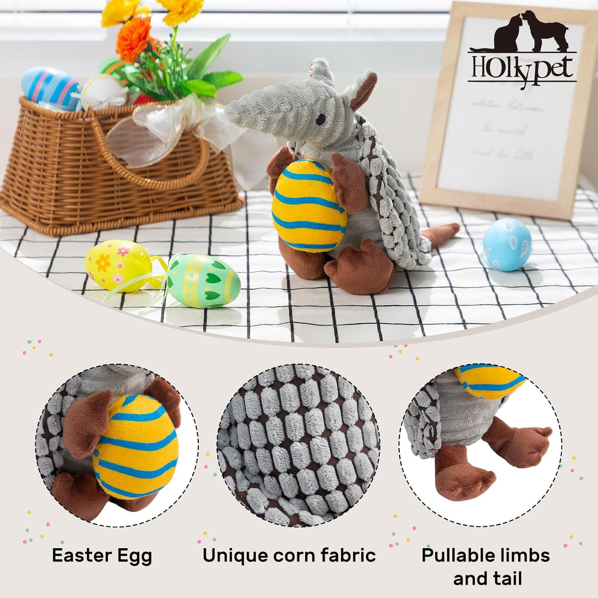 Hollypet Armadillo Squeaky Puppy Dog Toys for Small Medium Dogs, Yellow Egg | plush stuffed small dog squeak animal toy with unique grunt squeaker textured fabric for teeth cleaning toys