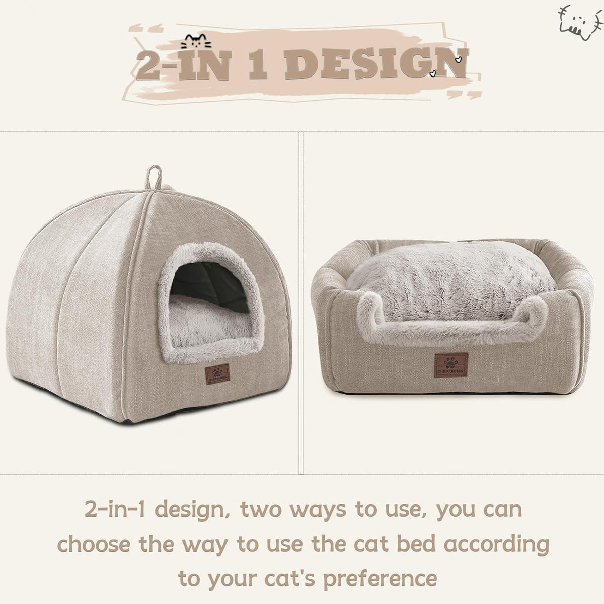 Cat Beds for Indoor Cats - Cat House Cats Tent with Removable Washable Cushioned Pillow, Soft and Self Kitten beds,Pet Bed(Large,Beige)
