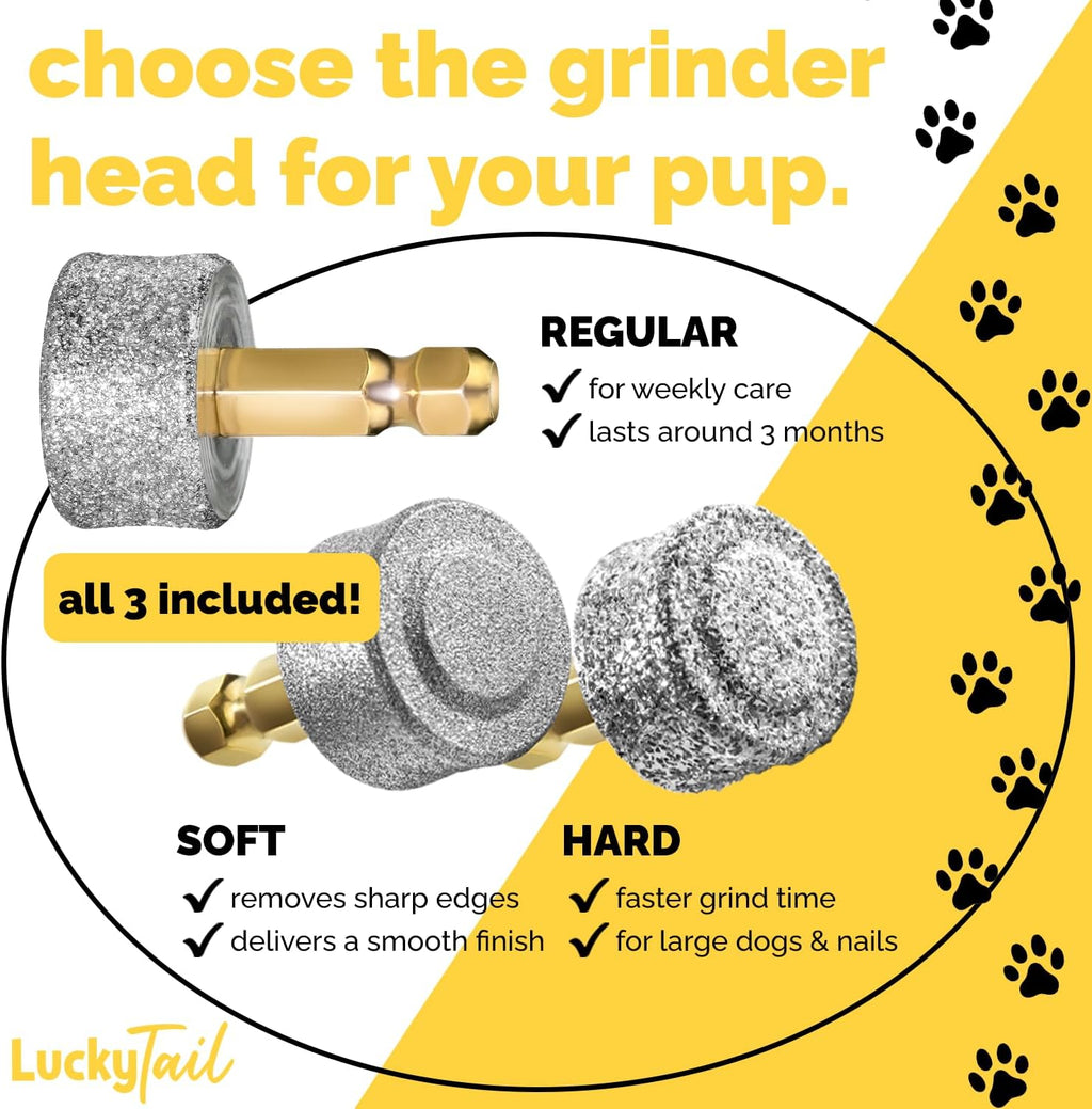 Dog Nail Grinder - Regular, Hard & Soft Replacement Head - Small & Large Dogs - Premium Quality - Diamond Tip Drill Bit - Professional Dog Nail Trimmers - Grooming Kit - 3 Pack 