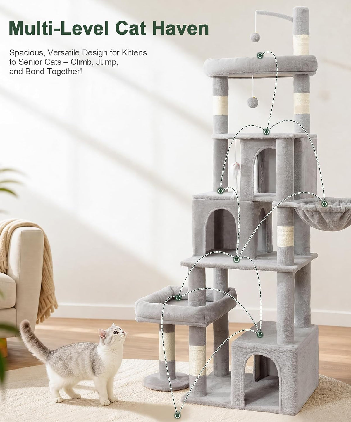 Heavy Duty Cat Tree Tower, 74 Inch Cat Trees for Large Cats