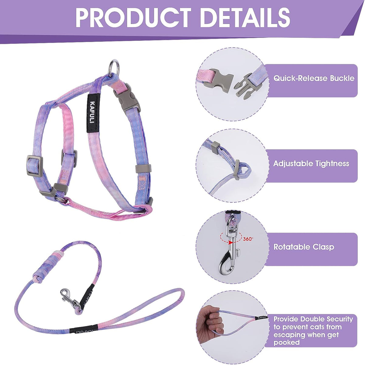 TIESOME Cat Harness and Leash Set, Adjustable Gradient Kitten Harness Escape Proof Harness with Leash for Kitty Outdoor Walking (Gradient Purple)
