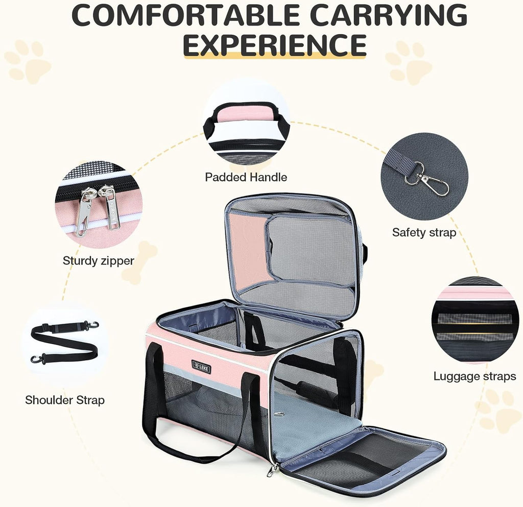Lekereise Top-Expandable Pet Carrier 18x11x11Inch Delta American United Airline Approved Soft Sided Underseat to 15lbs Travel Carriers for Small Dogs Cats with Locking Safety Zippers Anti-Scratch Mesh