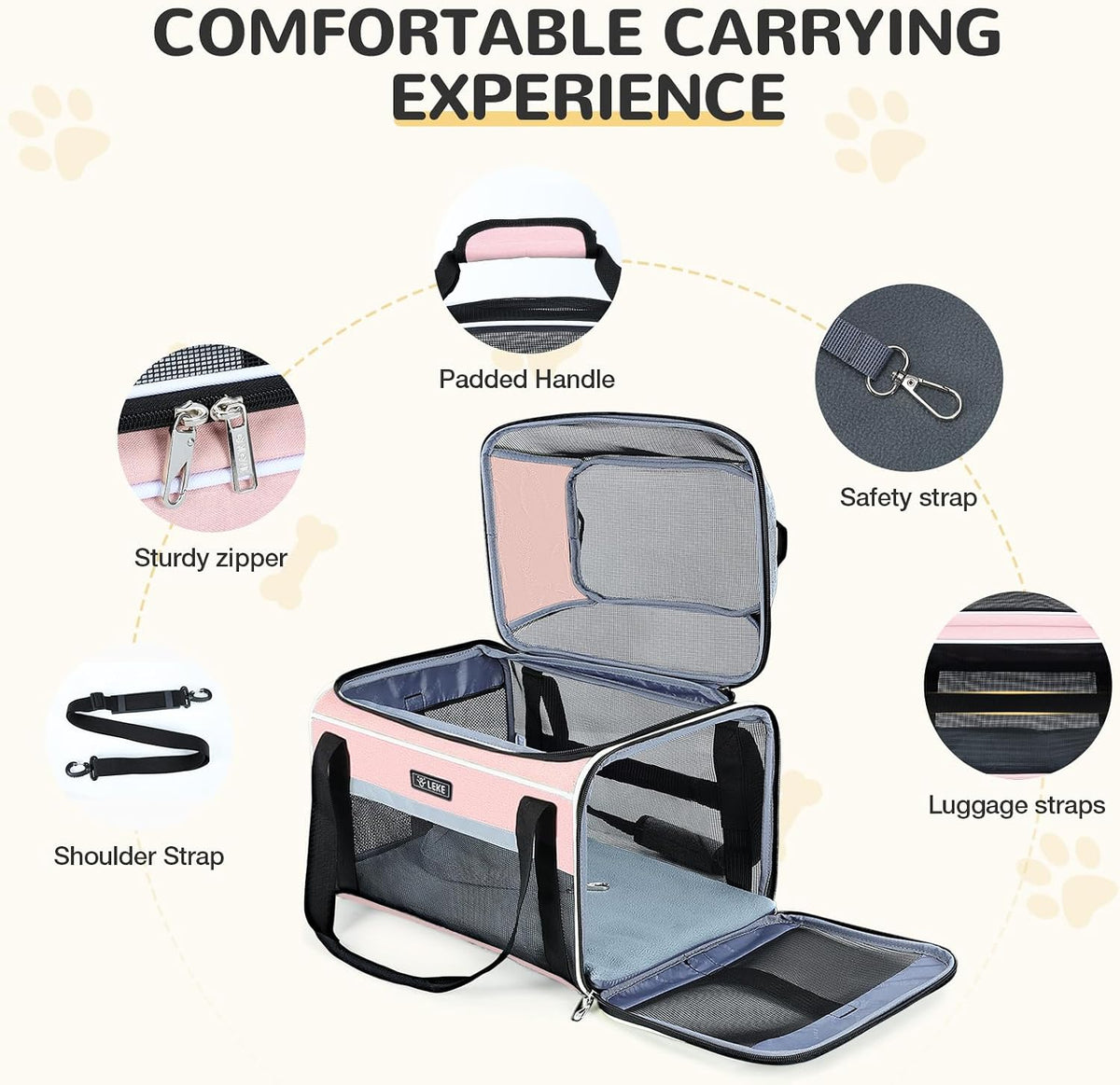 Lekereise Top-Expandable Pet Carrier 18x11x11Inch Delta American United Airline Approved Soft Sided Underseat to 15lbs Travel Carriers for Small Dogs Cats with Locking Safety Zippers Anti-Scratch Mesh