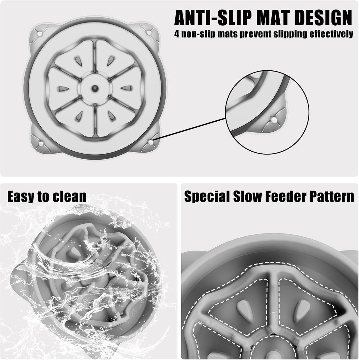 Slow Feeder Dog Bowls Large Breed, Dog Food Bowl Large Anti-Choking Bloat Stop Puzzle Healthy Eating Bowl (Gray, 4 Cup)