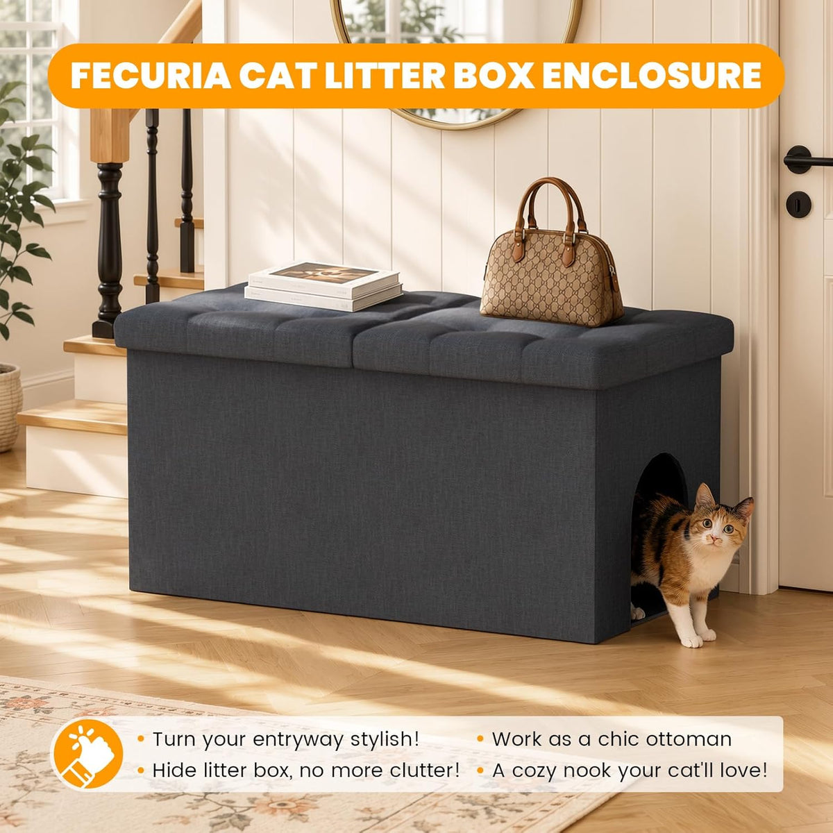 3-in-1 Cat Litter Box Enclosure Furniture, X-Large, Dark Grey