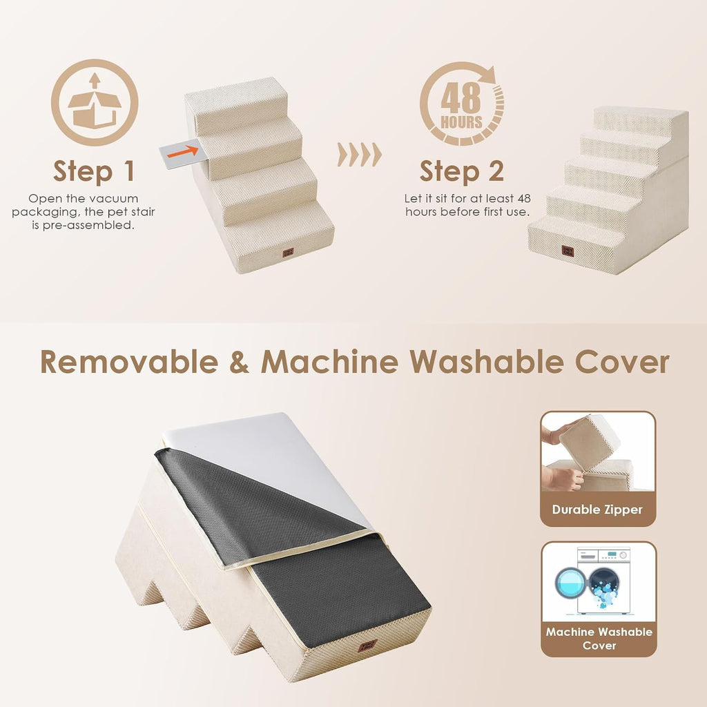 EHEYCIGA Dog Stairs for Bed 22.5" H, 5-Step Extra Wide Dog Steps, Beige