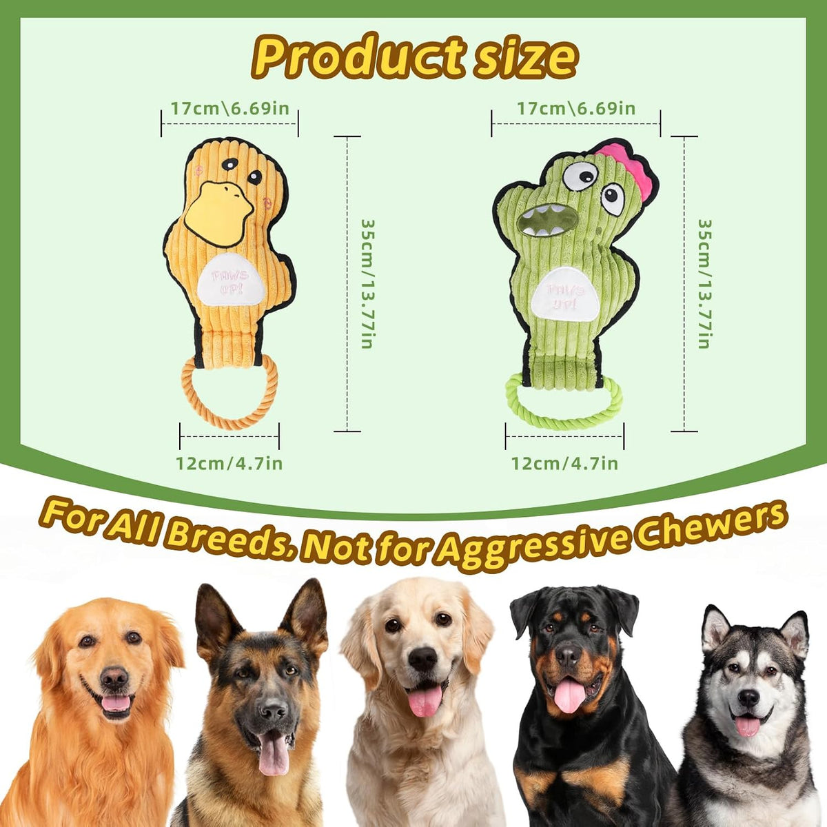 2-Pack Crinkle and Squeaky Dog Toys & Tough Tug of War Set - No Stuffing Chew-Resistant Plush Toys to Keep Them Busy, Best Birthday Gift for Small/Medium/Large Breeds (Ducks & Dino)