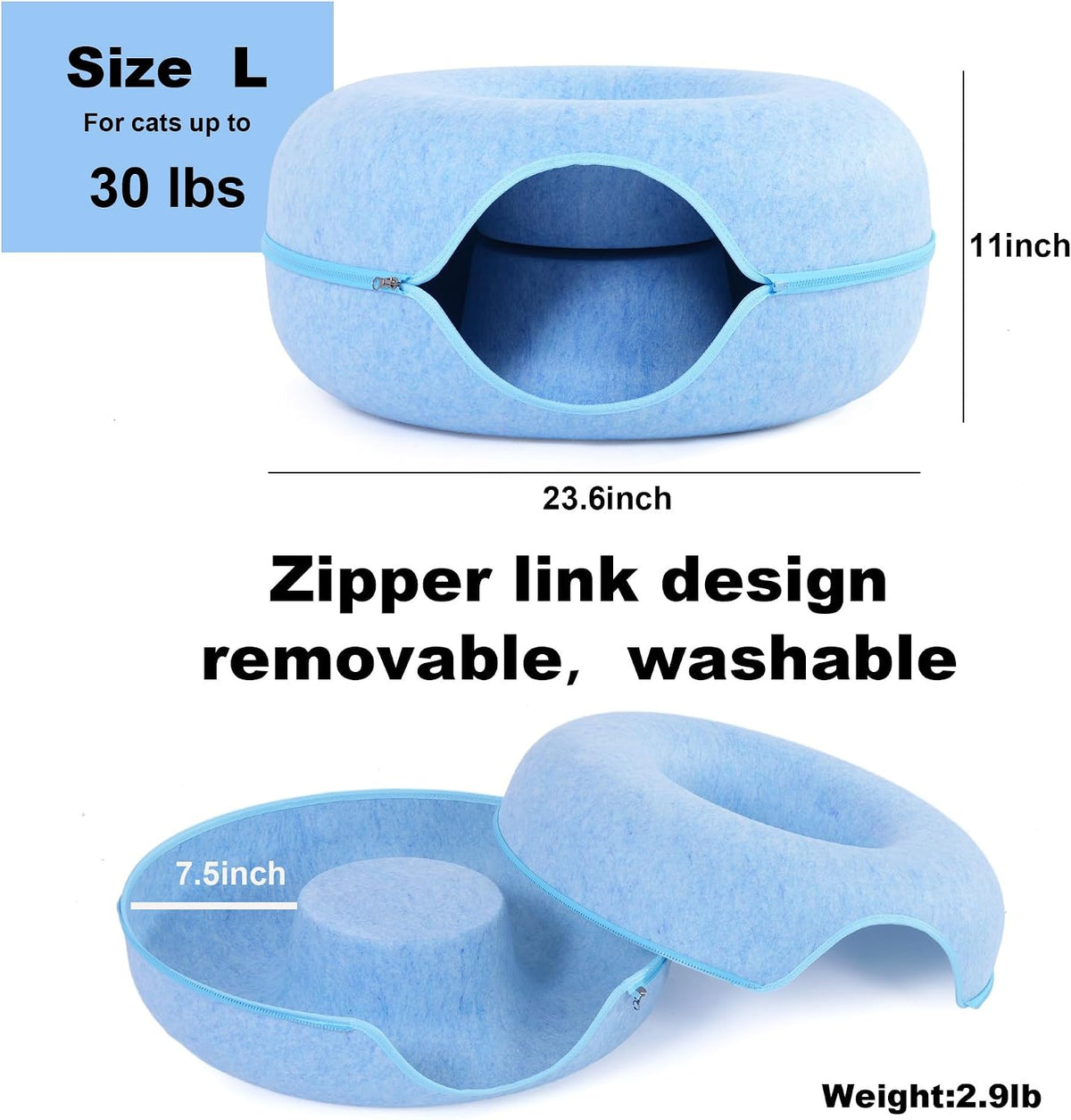 Large Cat Tunnel Bed for Indoor Cats with 3 Toys, Scratch Resistant Donut Cat Bed, Up to 30 Lbs (L 24x24x11, Blue)