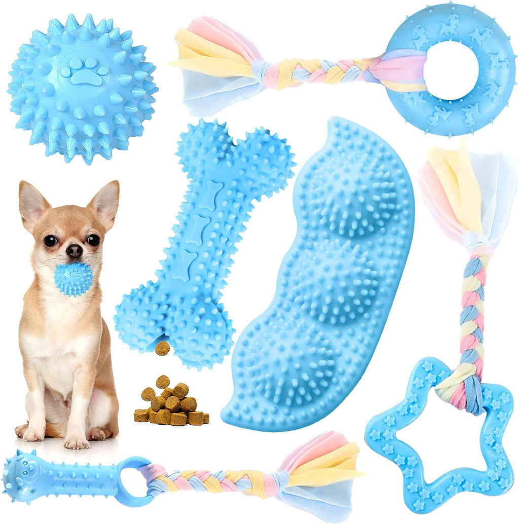 Petcare 6 Pack Puppy Chew Toys - Blue, Soft Rubber Rope & Bone Ball Teething Toys for Small Dogs & Puppies, Including Yorkie