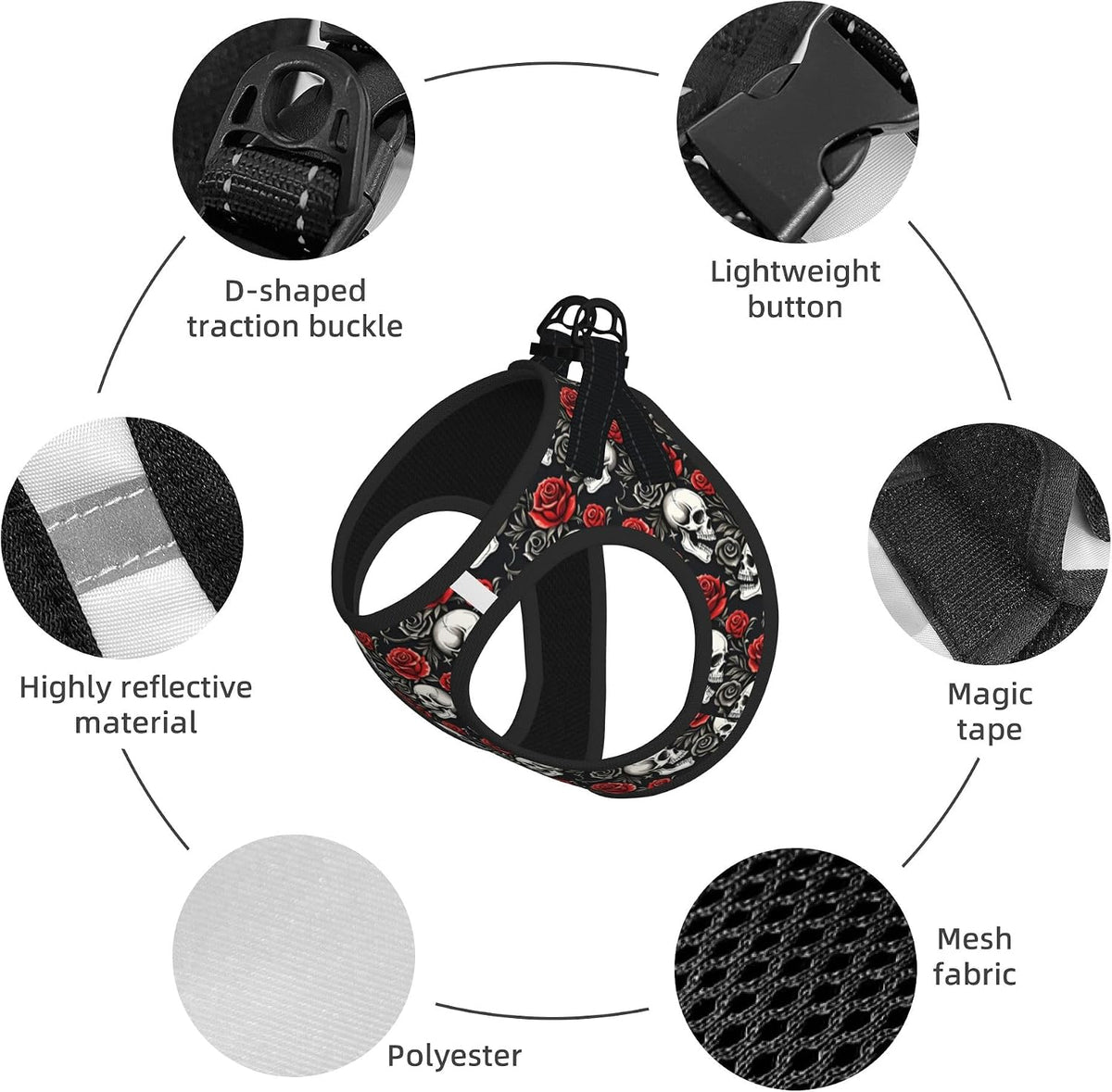 MUKIO Skull Roses Gothic No Pull Dog Harness Vest