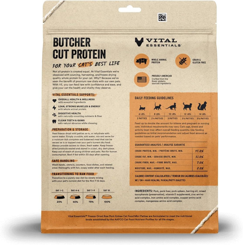 Vital Essentials Freeze Dried Cat Food, Pork Mini Patties, 15 oz Bag
