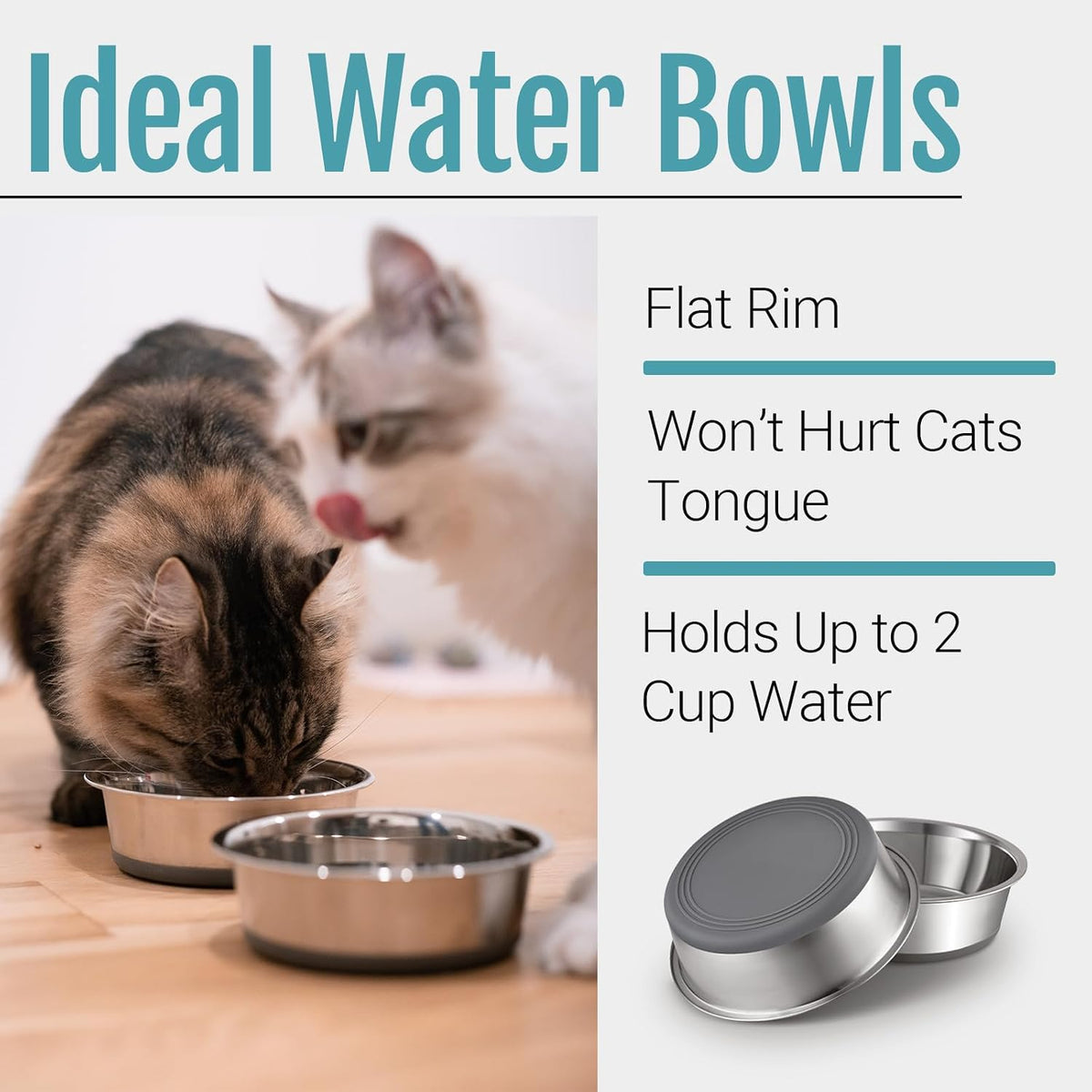 Nonslip Stainless Steel Dog Cat Bowls, 2 US Cup, 2 Count | No slide silicone bottom, Dishwasher safe, Easy to clean, Stackable design