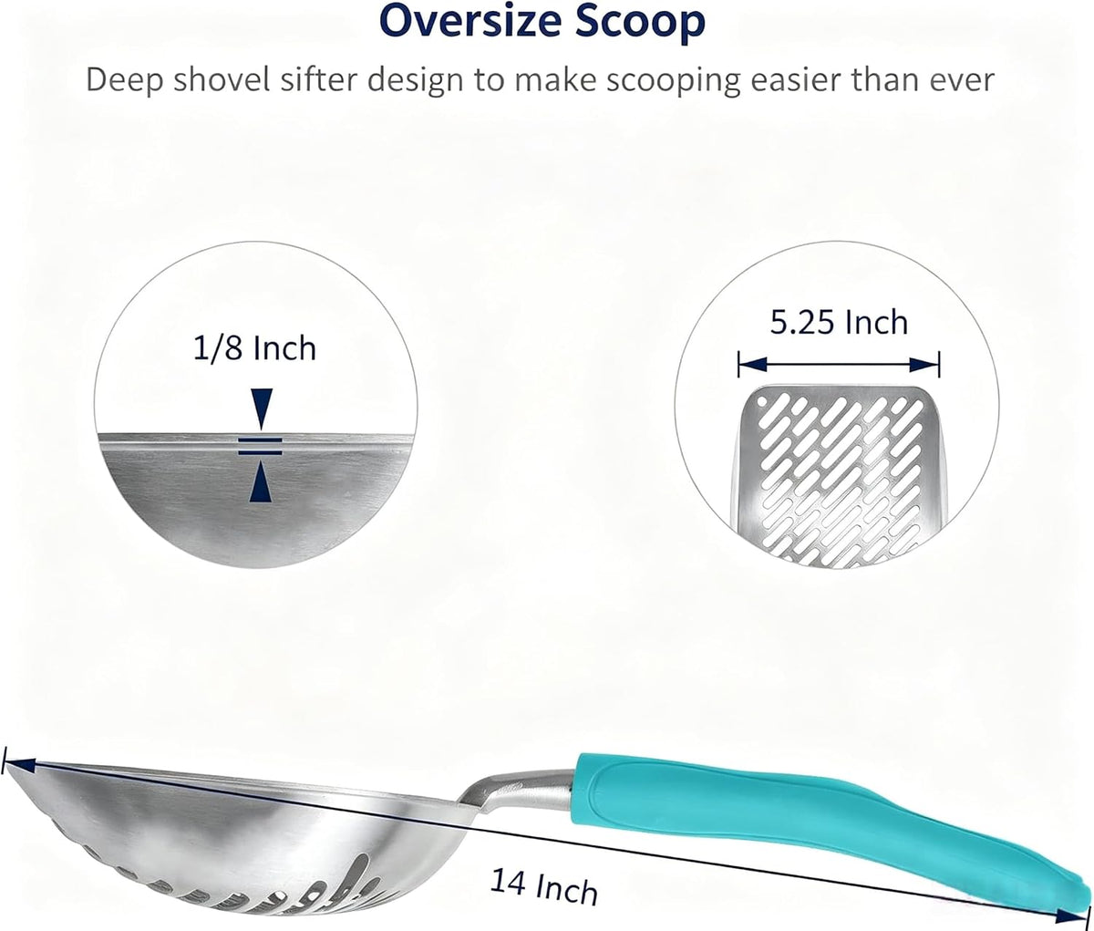 WePet Cat Litter Scoop, Aluminum Alloy Sifter, Kitty Metal Scooper, Deep Shovel with Diagonal Sifting Hole, Long Handle, Kitten Poop Lifter for Litter Box, Large Size, Turkish Blue Handle