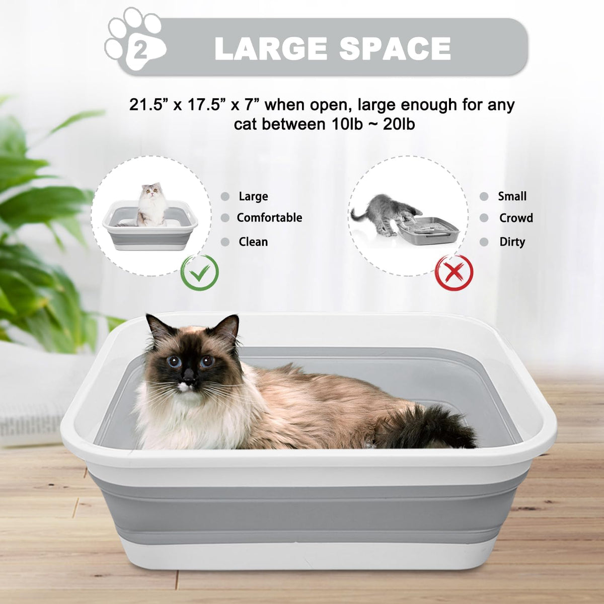 Low Entry Senior Cat Litter Box for Arthritic, Frail and Disabled Cats | Open Foldable Plastic Cat Litter Box Space Saving Corner Design Portable and Easy to Clean Cat Toilet (Grey)
