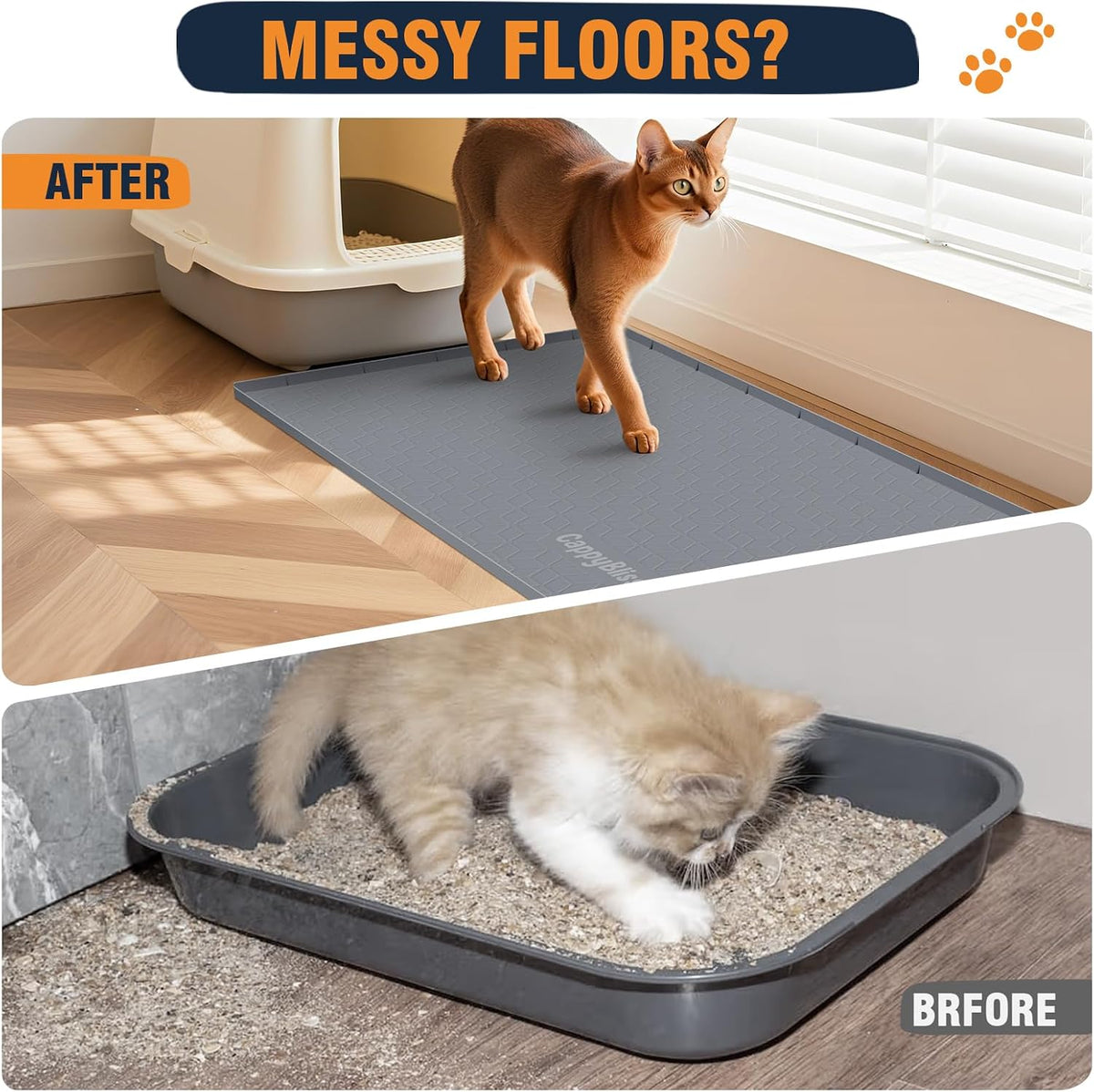 Cat Litter Mat, 34"x22" Waterproof Silicone, Litter Trapping | Large Size, Non-Slip Floor Pad, Easy to Clean, Indoor Cats, for Litter Box, Traps Litter & Dirt, Black