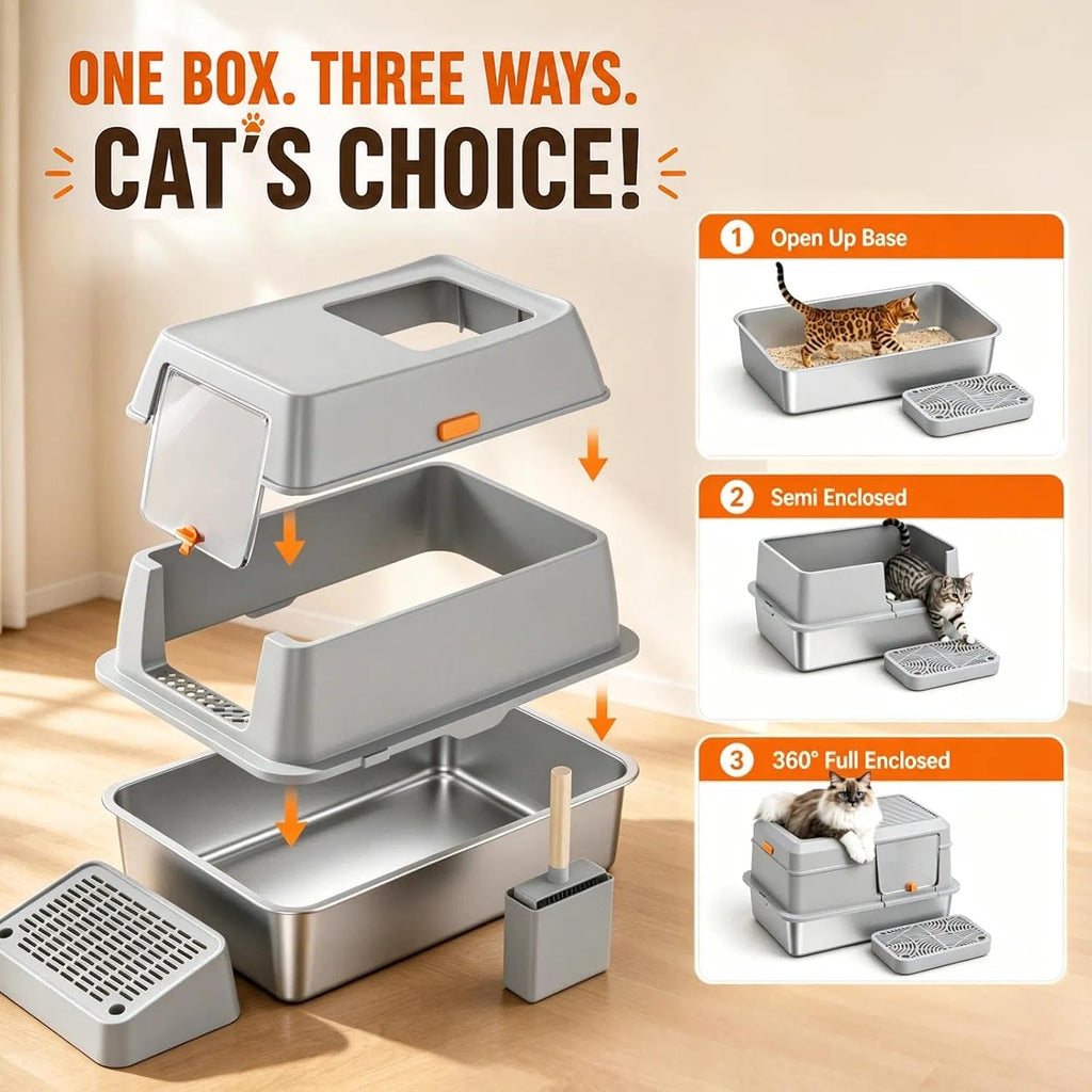 XL Stainless Steel Litter Box with Lid, Enclosed Metal Cat Pan
