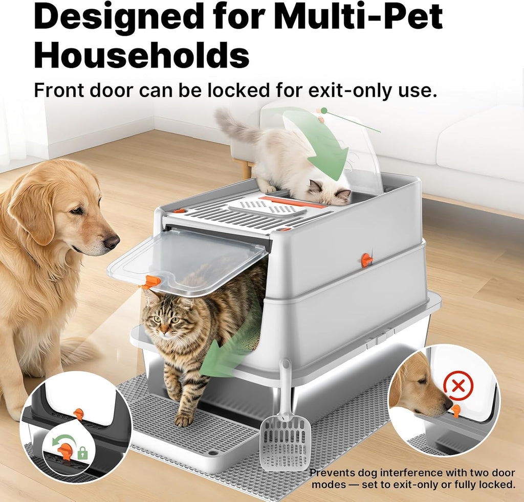 Stainless Steel Litter Box with Flip Lid, XL Extra Large Cat Litter Box with High Sided Top Entry Design, Anti-Leakage Enclosed Metal Litterbox for Big Cats, with Handle, Mat, Pedal & Scoop Grey