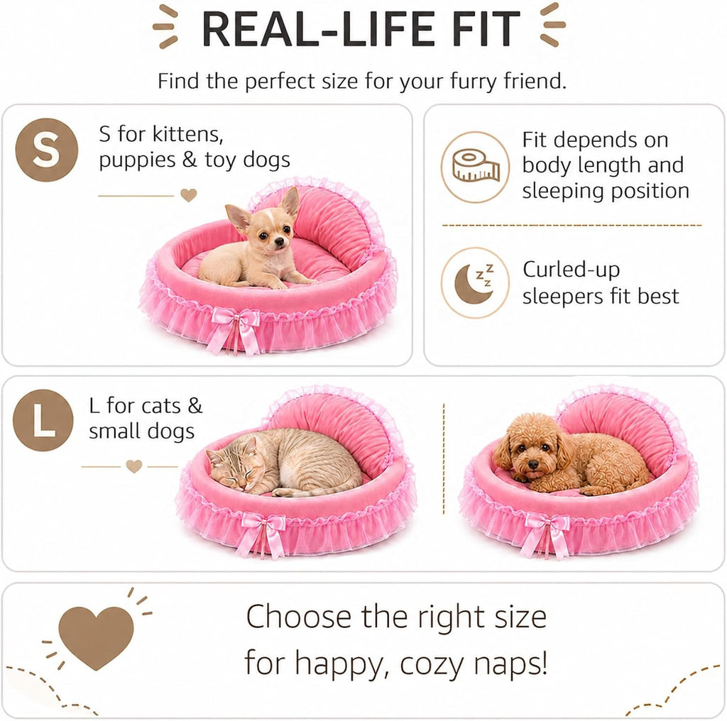 Pink Dog Bed Washable Princess Cat Couch Soft Plush Pet Sofa Nest Mat Snuggle Kitten Puppy Cave Beds Cute Cozy Kitten Doggy Kennel Cushion Small Medium Dogs Cats Sleeping Pad (L, Pink)