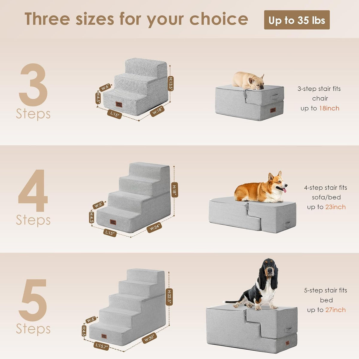 EHEYCIGA Dog Stairs for Small Dogs 13.5" H, 3-Step Dog Steps for Cats, Light Grey