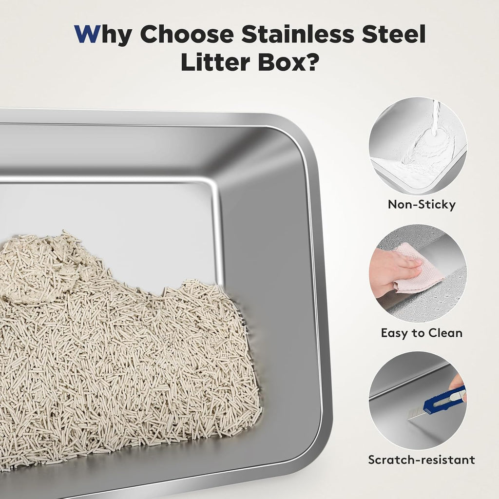 FURTIME Stainless Steel Litter Box with Lid, Enclosed Metal Cat Litter Box | XL Extra Large, Cat Box with High Sided Enclosure & Scoop, Big Cats, Front & Top Entry, Odor Free, Anti-Leakage, Silver