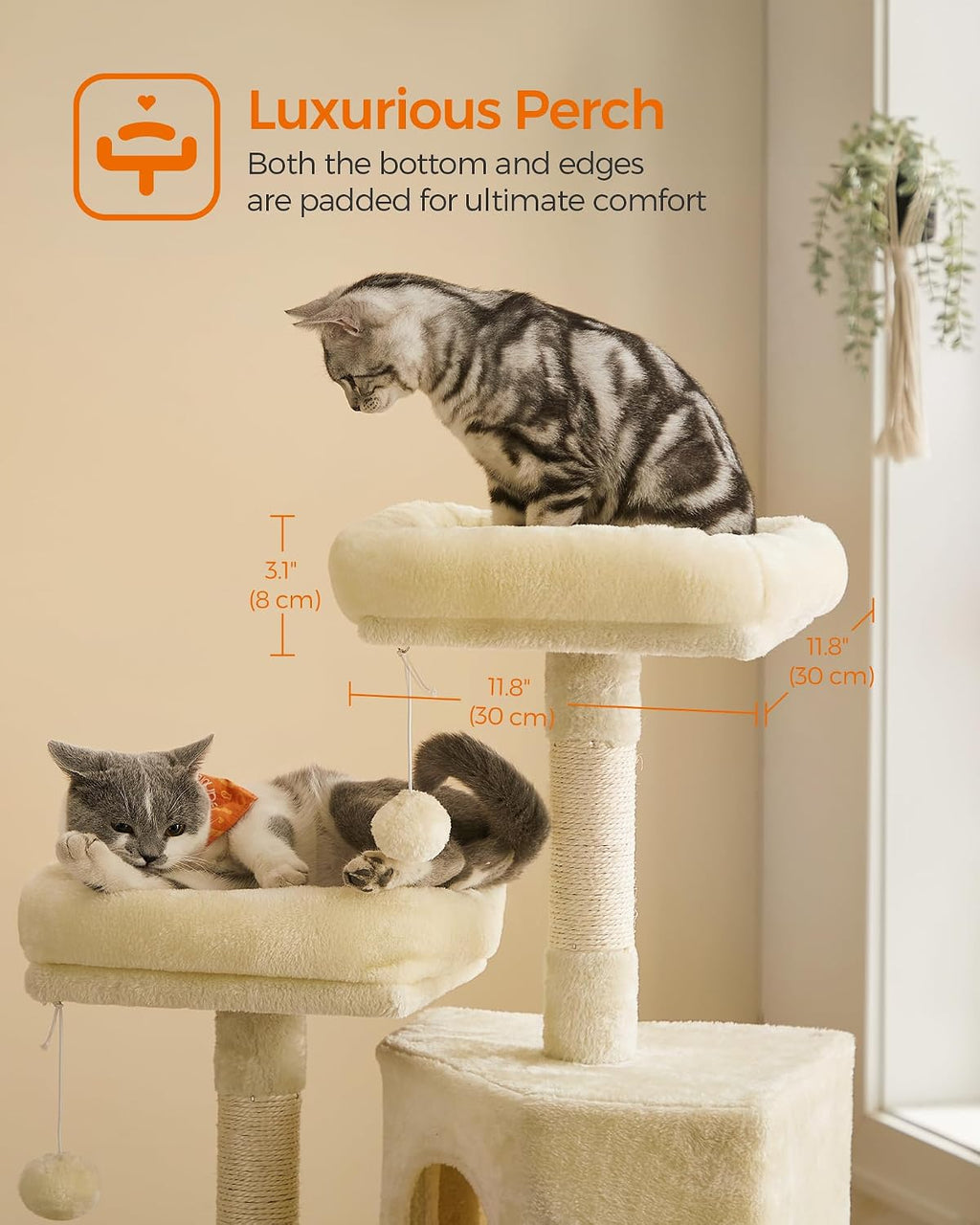 Feandrea Cat Tree, 45.3-Inch Cute Cat Tower, Plush Climbing Condo, Beige