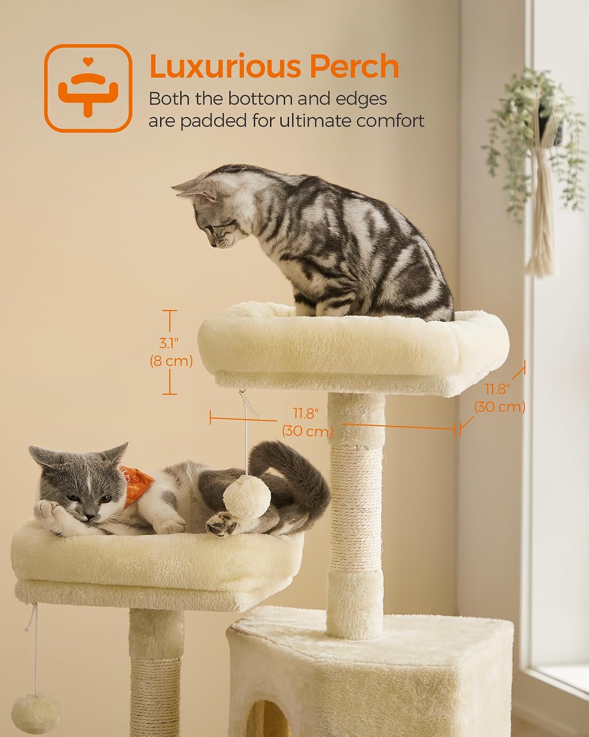 Feandrea Cat Tree, 45.3-Inch Cute Cat Tower, Plush Climbing Condo, Beige