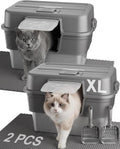 2PACK Stainless Steel Litter Box with Lid, XL Extra Large Litter Box for Big Cats, Enclosed Metal Litterbox High Sided, Easy Cleaning Anti-Urine Leakage, Mat & Filter Pedal & Scoop, Dark Grey