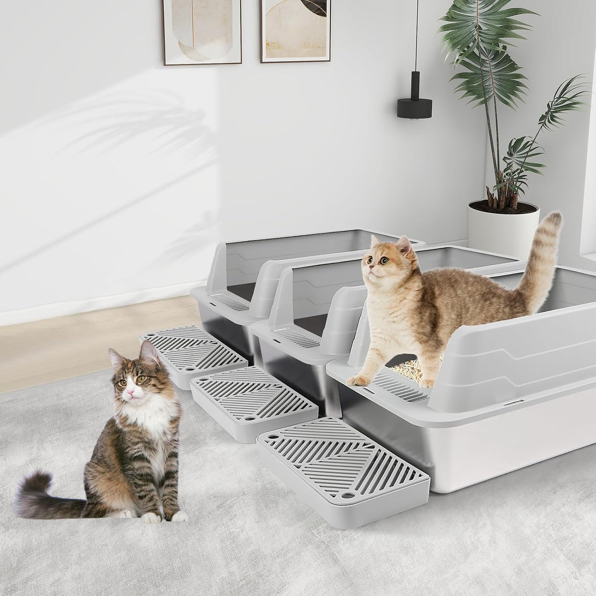 3 Pack Stainless Steel Litter Box, XL 22.9” x 15” x 10.3” High Sided Metal Cat Litter Tray with Scoop, Filter Pedal for Anti-Splash, Non-Sticky, Easy to Clean (Light Grey)