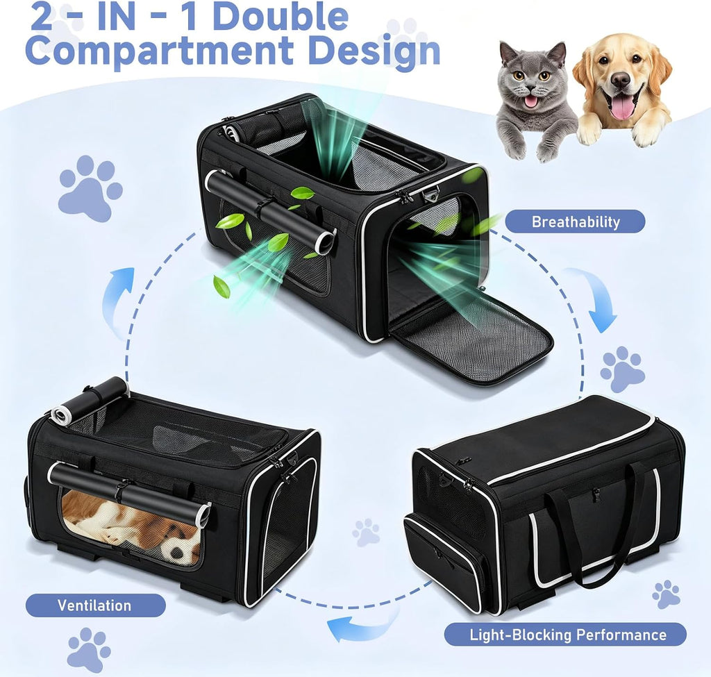 Large Pet Carrier with Detachable Wheels, 2 IN1 Foldable Soft-Sided Carriers- Designed for Dogs & Cats, Telescopic Handle, for Outdoor Car Indoor, Max. 44 LBS(Not for Airline)