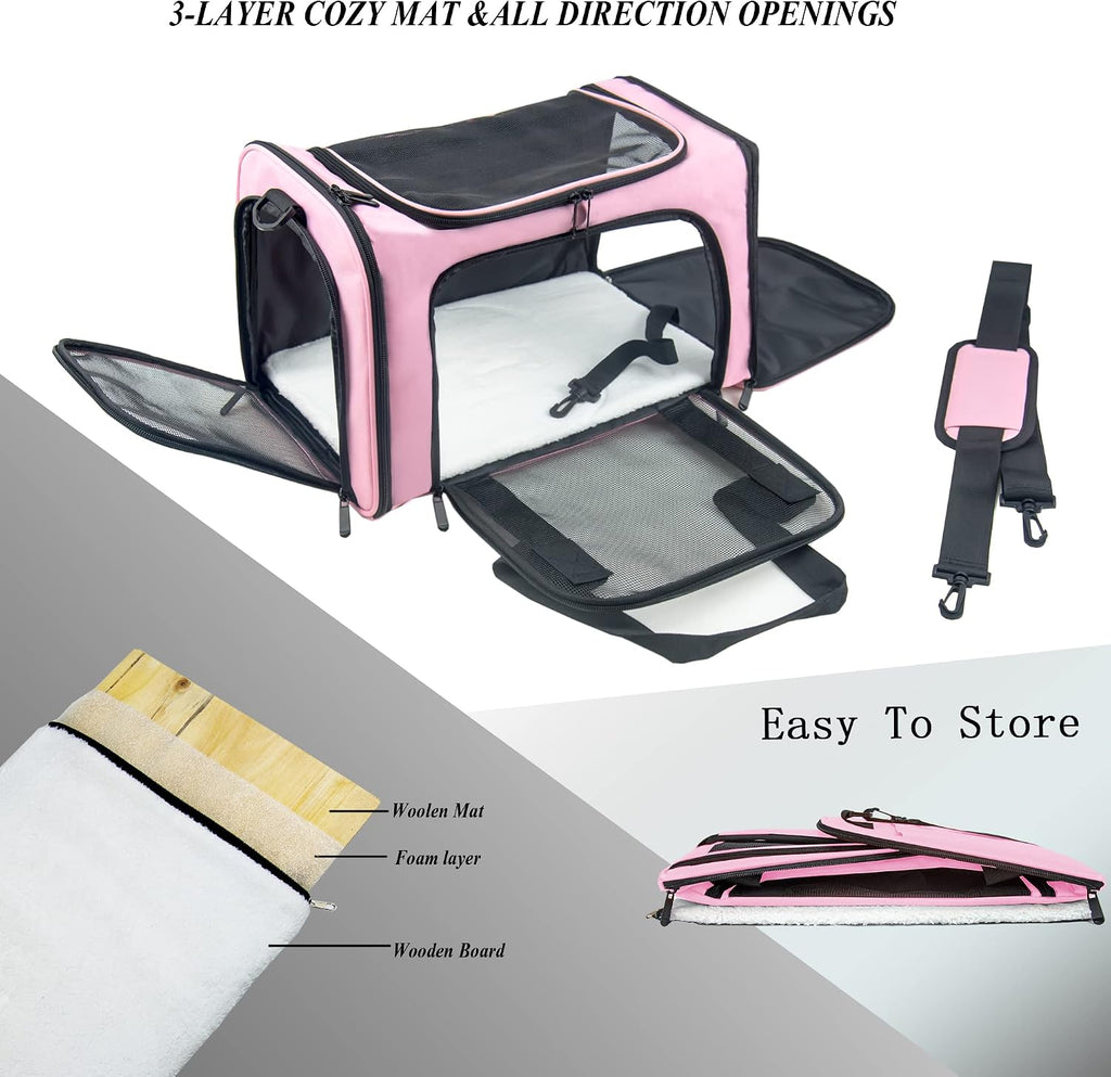 Soft Sided Carrier for Small Medium Cats Dogs,TSA Airline Approved Collapsible Travel Pet Carrier Medium Pink