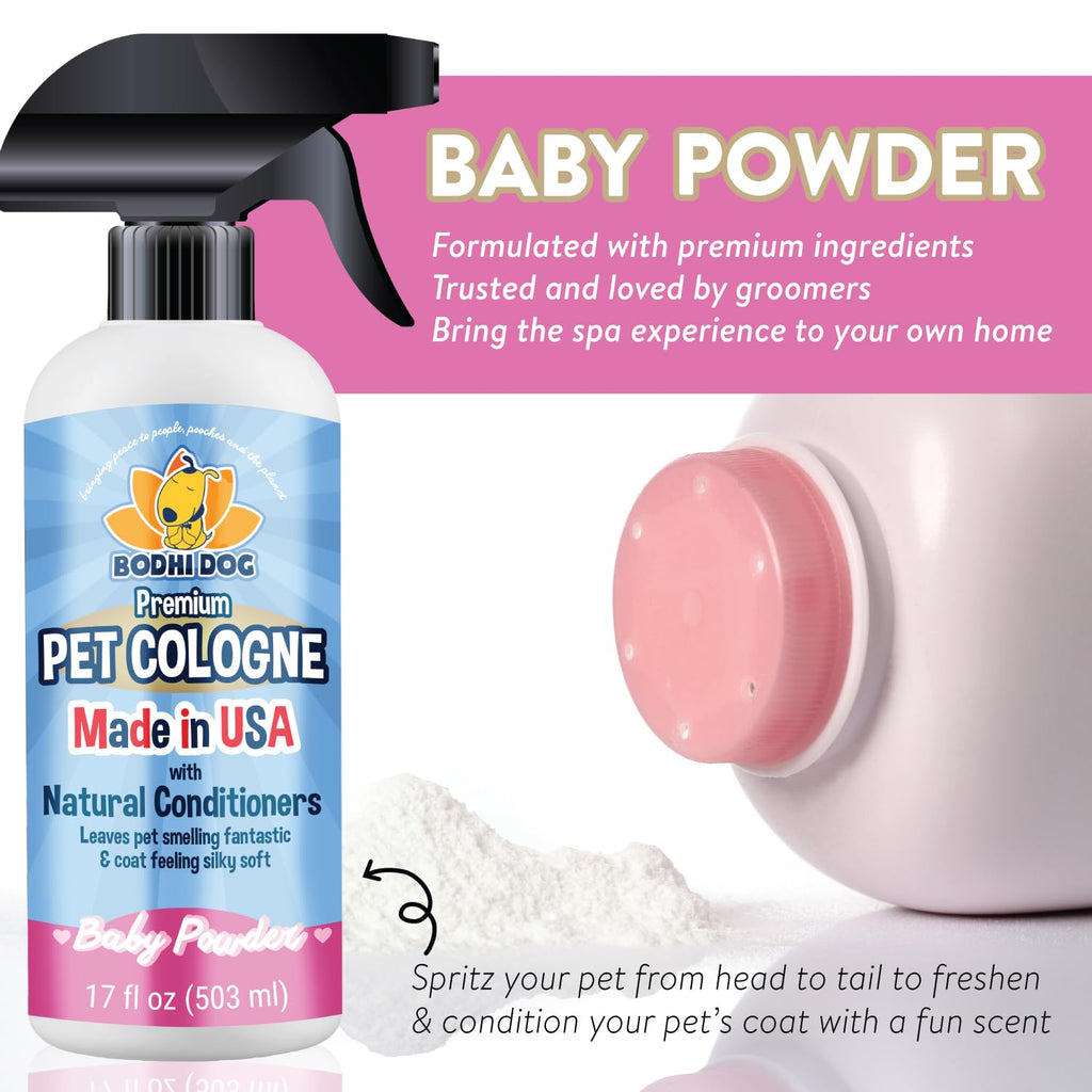 Bodhi Dog Premium Dog Cologne - Deodorizing Dog Perfume & Conditioner for Dogs & Cats - Natural Long Lasting Spray - Keeps Pets Fresh All Day - Gentle, Safe Formula, Made in USA - Baby Powder 17 Fl Oz