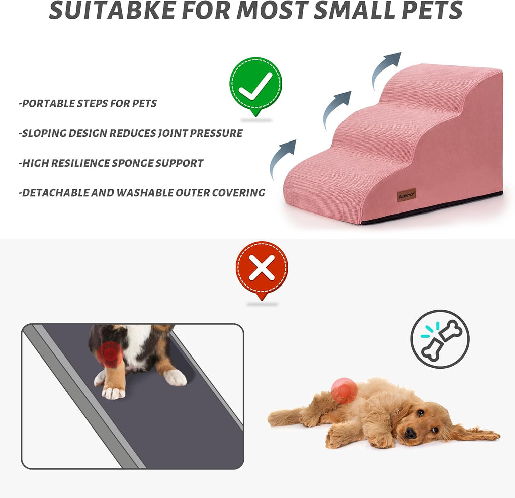 Dog Stairs for Small Dogs, 3-Step Pink Pet Ramp for Couch, Cats & Puppies