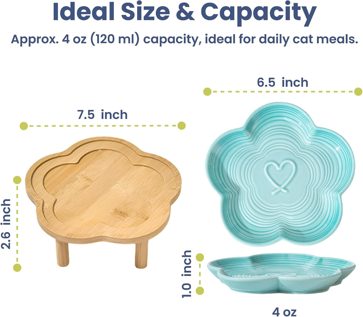 PawsPik Flower Ceramic Feeding Cat Plate with Raised Bamboo Stand, Blue