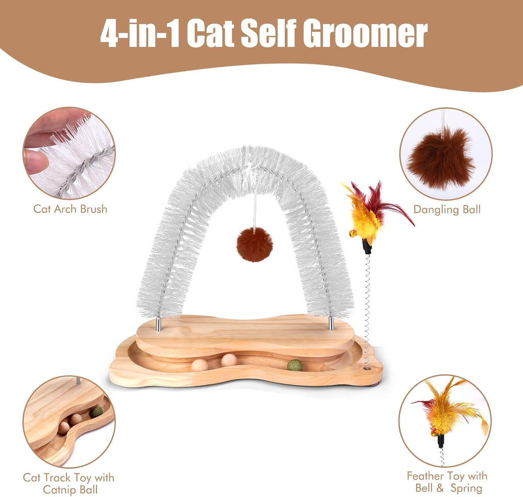 Cat Self Groomer, Cat Grooming Brush Scratcher Massager Arch for Indoor Cats Face Back Scratcher Rubbing Post Corner Brush w/ Kitten Interactive Catnip Ball Track Toy for Chasing Hunting Exercise