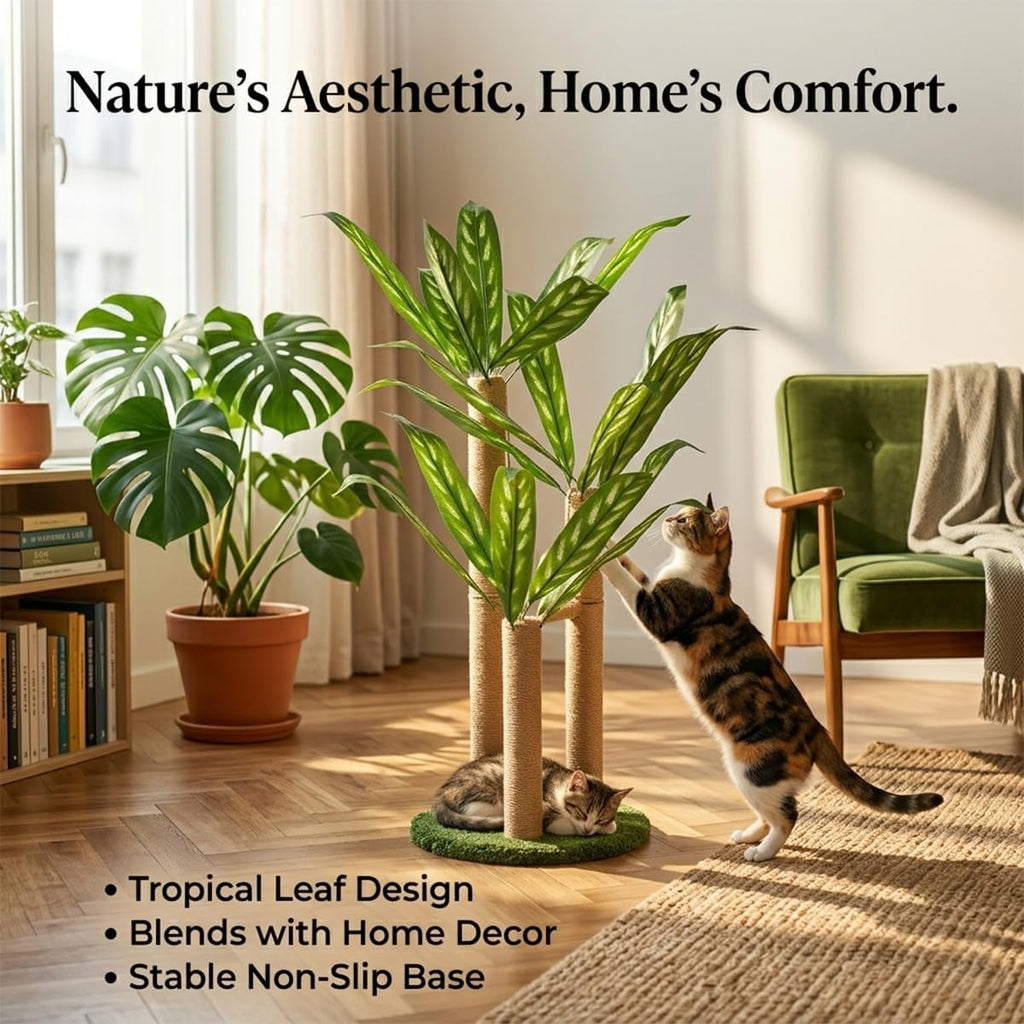 LEMONDA 31.5Inch Cat Scratching Post,Cat Scratcher Tree with 3 Scratching Poles & 2 Interactive Dangling Balls,Cats Scratching Posts for Indoor Kitten & Adult Cats (Calathea Tree)
