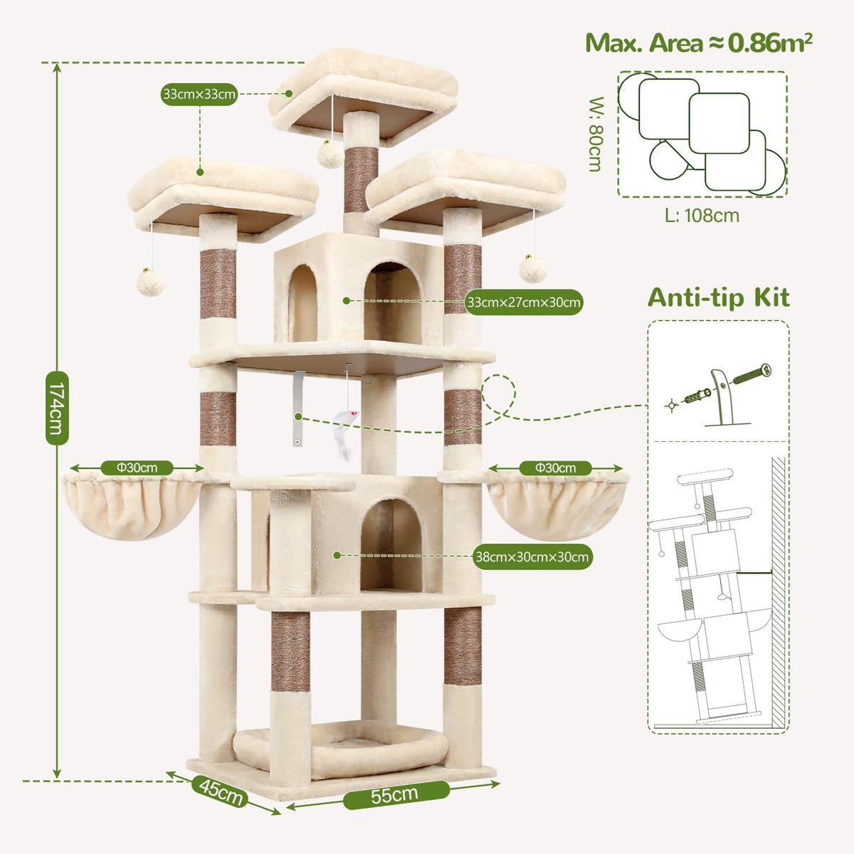 Globlazer Big XL Cat Tower for Indoor Multiple Cats, F68B, Beige