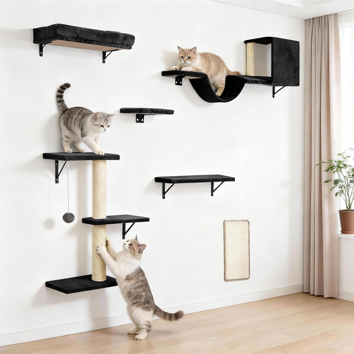Cat Wall Shelves, Black, 6 in 1 Cat Furniture Set