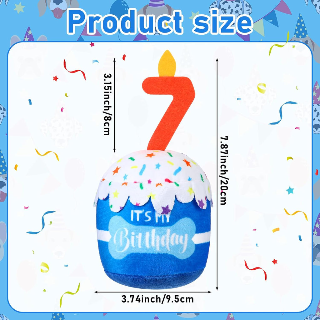 Dansydaisy Dog Birthday Cake Toy Squeaky Plush Gift,7th,Blue | Interactive Squeaky Gift for Dogs, Dog Birthday Decor , Soft Chew for Small Medium Large Pets, Cake Design with Candle