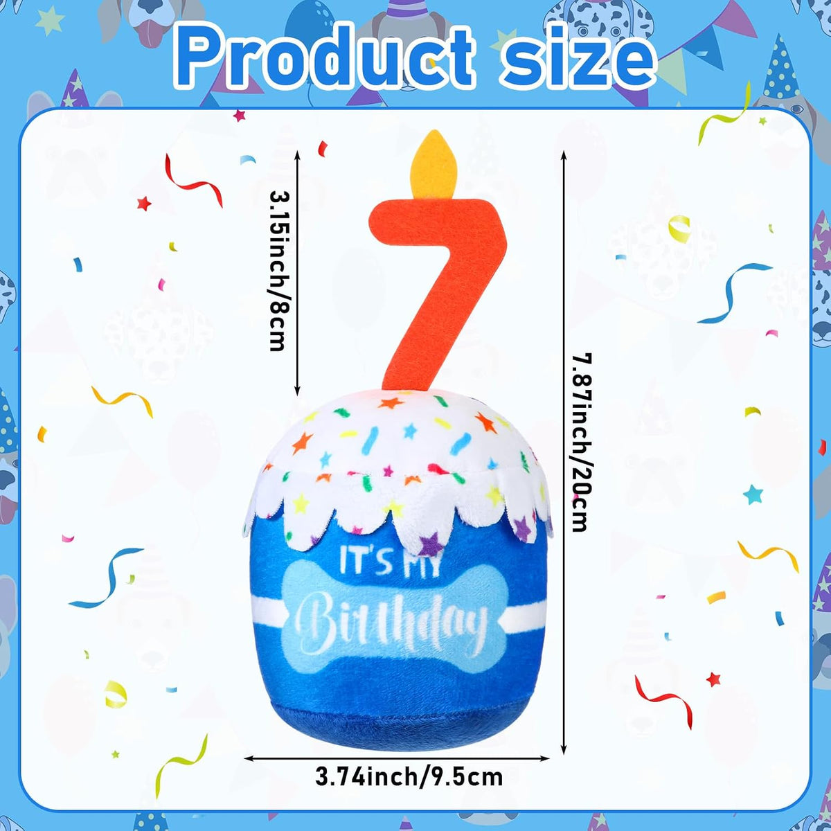 Dansydaisy Dog Birthday Cake Toy Squeaky Plush Gift,7th,Blue | Interactive Squeaky Gift for Dogs, Dog Birthday Decor , Soft Chew for Small Medium Large Pets, Cake Design with Candle