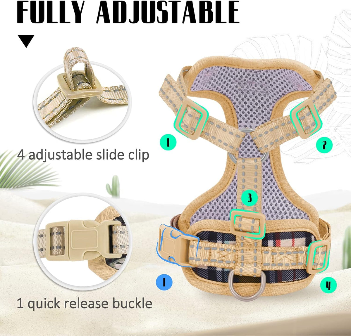 Supet Cat Harness and Leash Escape Proof for Walking, Khaki Plaid Cat Vest Harness and Leash Set for Large and Small Kittens Dogs