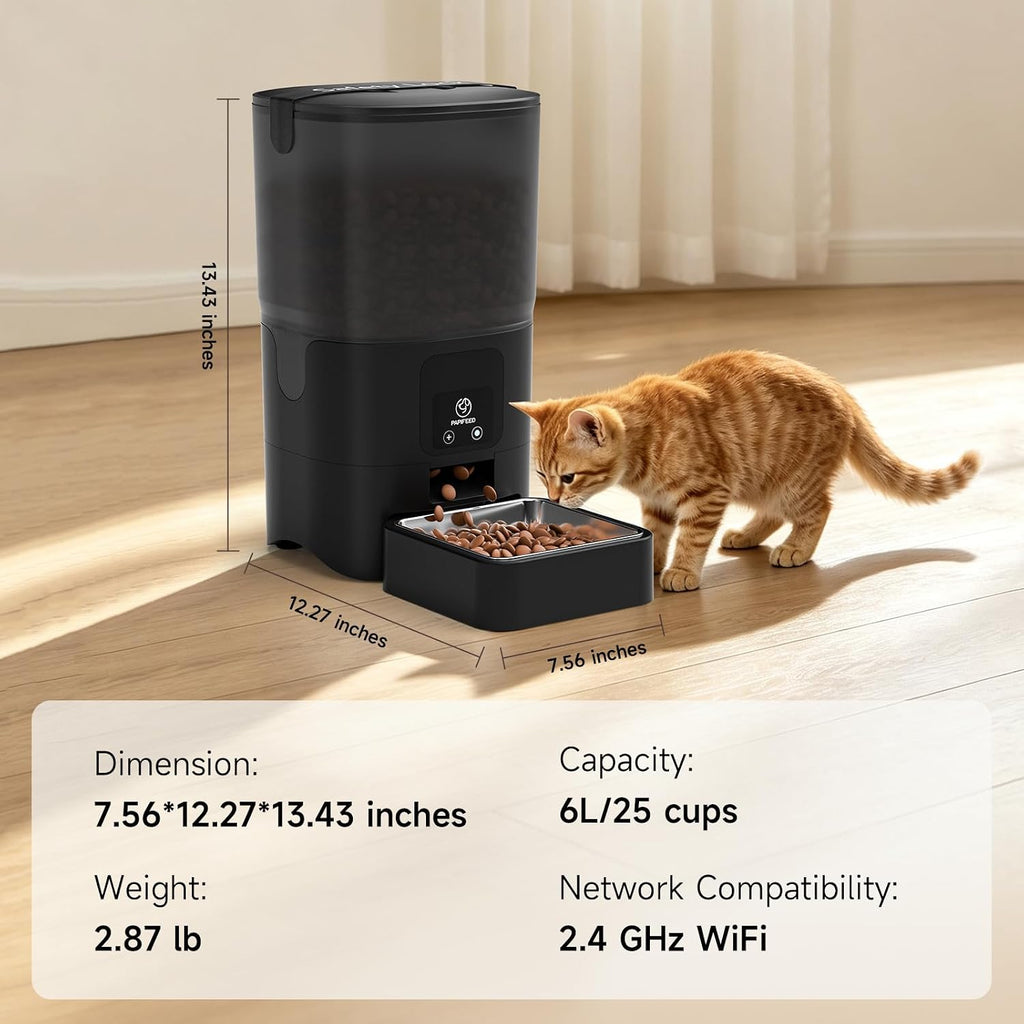 PAPIFEED Automatic Cat Feeder with App, 5G WiFi Auto Cat Feeder, 6L Slow-Feed Cat Food Dispenser for Dry Food, Dual Power Supply Timed Pet Feeder for Small Dog, 10 Meals/Day, 12 Portions/Meal, Black