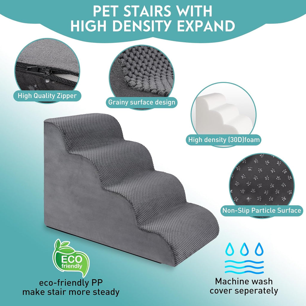 Dog Stairs for Small Dogs, 19.7" H Pet Stairs 4-Steps Ramp for Puppy, Older Cat, Stairs with Whole 30D High Density Foam, Corduroy Fabric, Non-Slip Bottom Dog Steps for Bed and Couch (Grey, 4-Step)