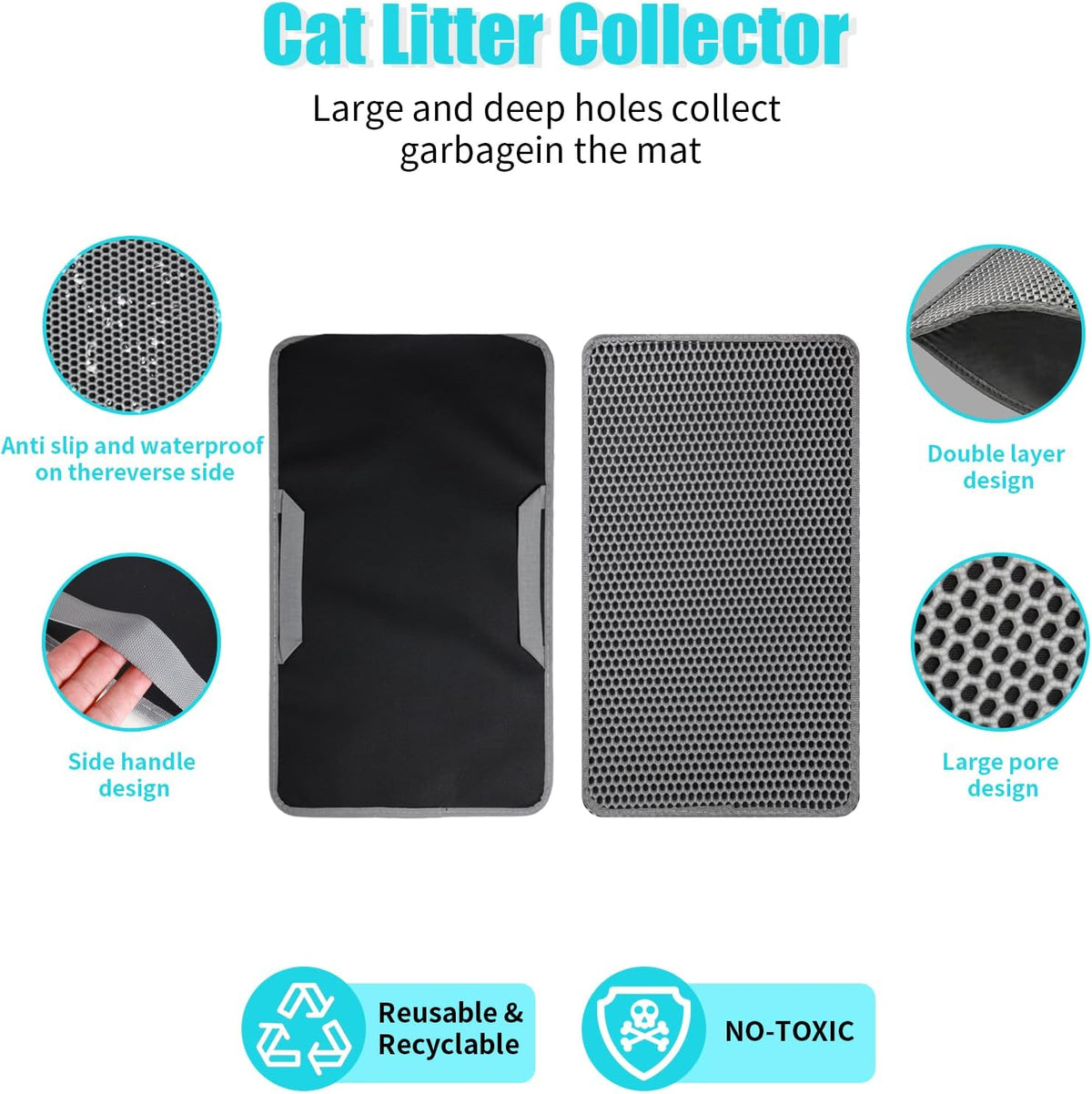 Cat Litter Mat 26"x24.5", Double Layer Waterproof Litterbox Mat, Gray | Non-slip backing, washable for easy cleanup, traps stray litter with waterproof honeycomb large grid that is urine-proof.