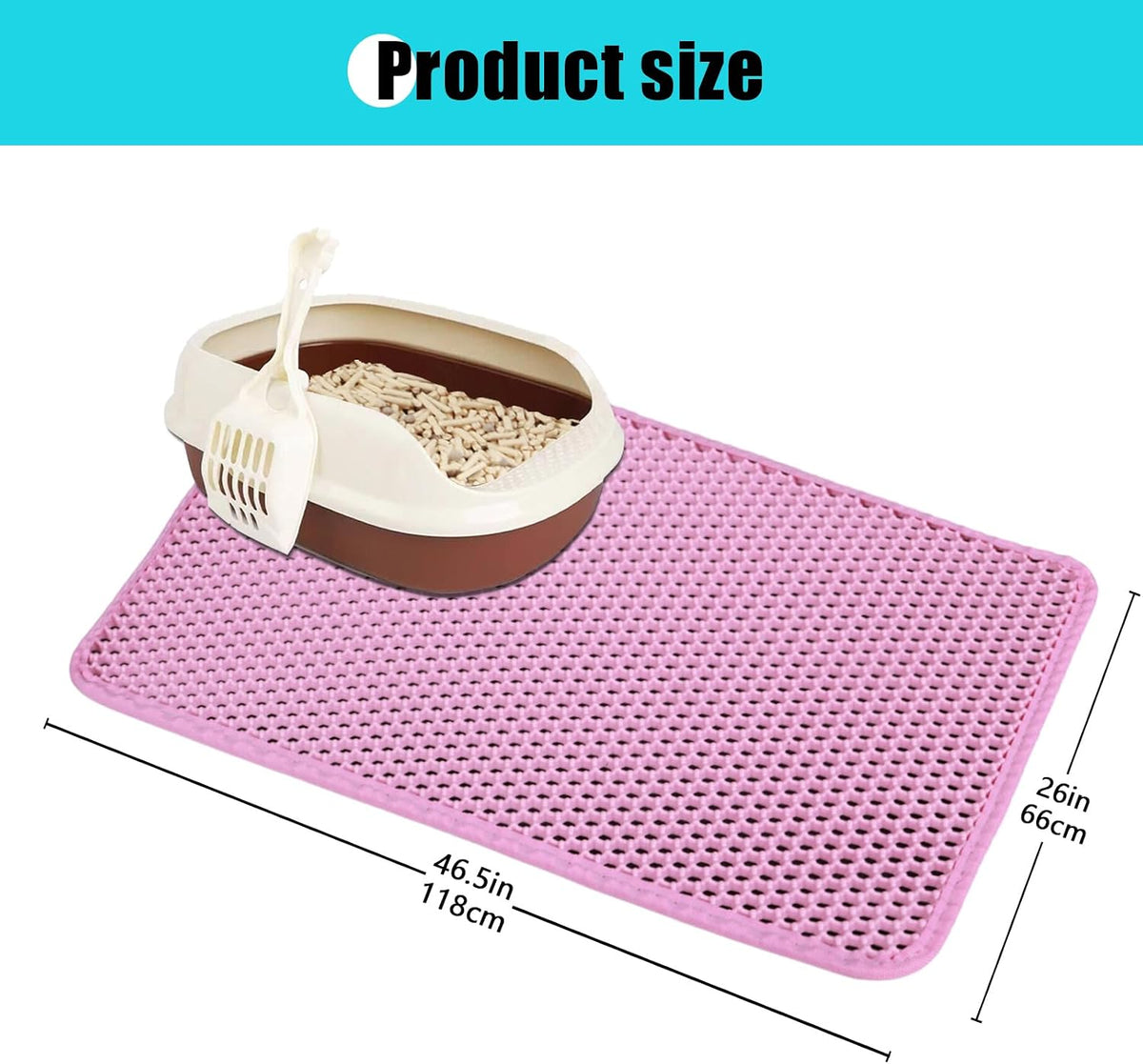 Cat Litter Mat 26"x46.5", Double Layer Waterproof Litterbox Mat, Pink | Non-slip backing, washable for easy cleanup, traps stray litter with waterproof honeycomb large grid that is urine-proof.