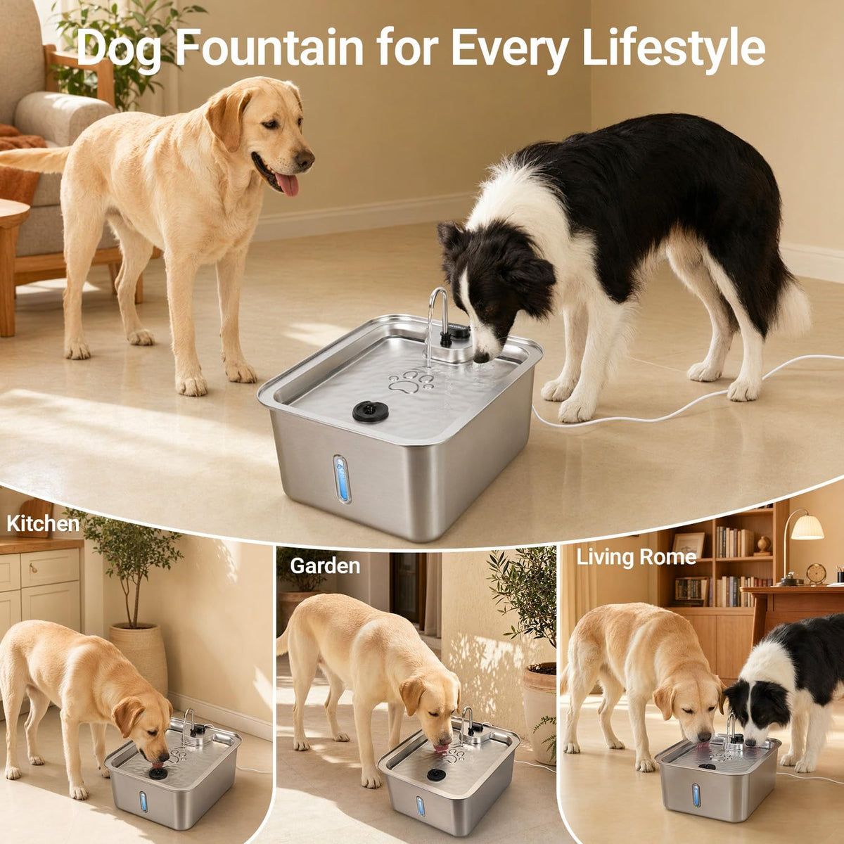 Cat/Large Dog Water Fountain, 4.5Gal/17L Quiet LED Blue Light Stainless Steel Pet Water Fountain for Large Dogs Indoor with 3 Replacement Filters, Multi-Filtration & Deeper Drinking Surface