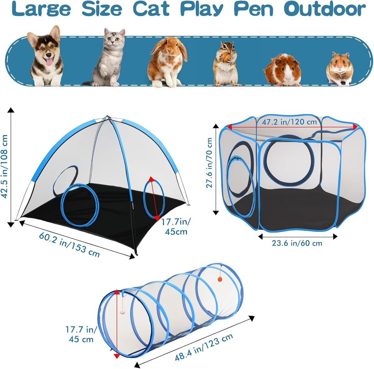 3-in-1 Outdoor Cat Enclosure, Portable Catio Tent with Tunnel