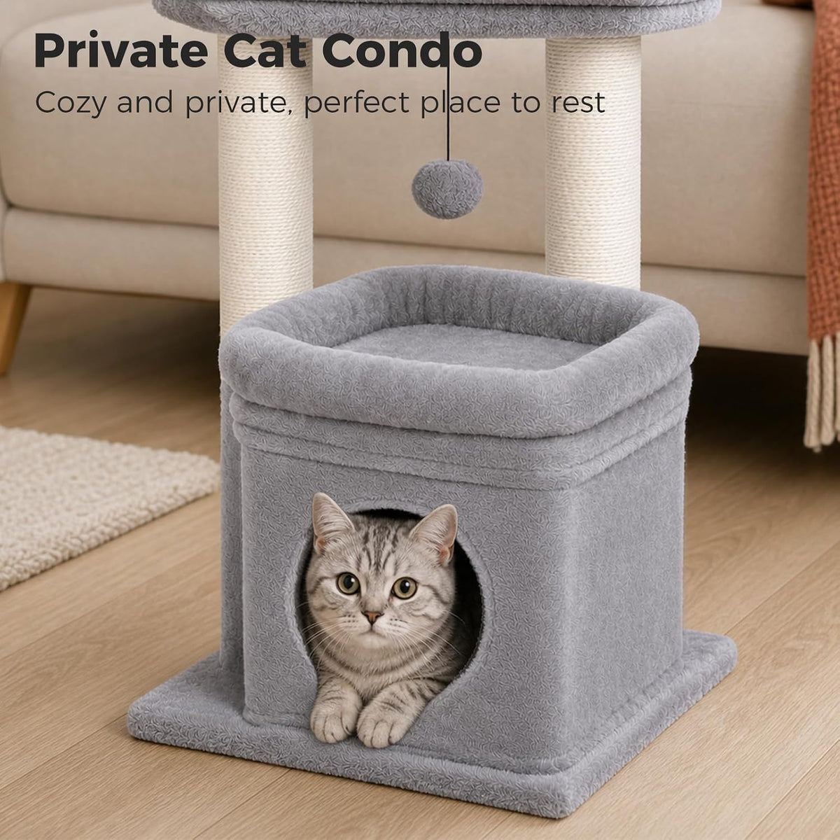 PEQULTI Small Cat Tree Tower for Indoor Cats, Sisal Post & Cozy Condo, Grey